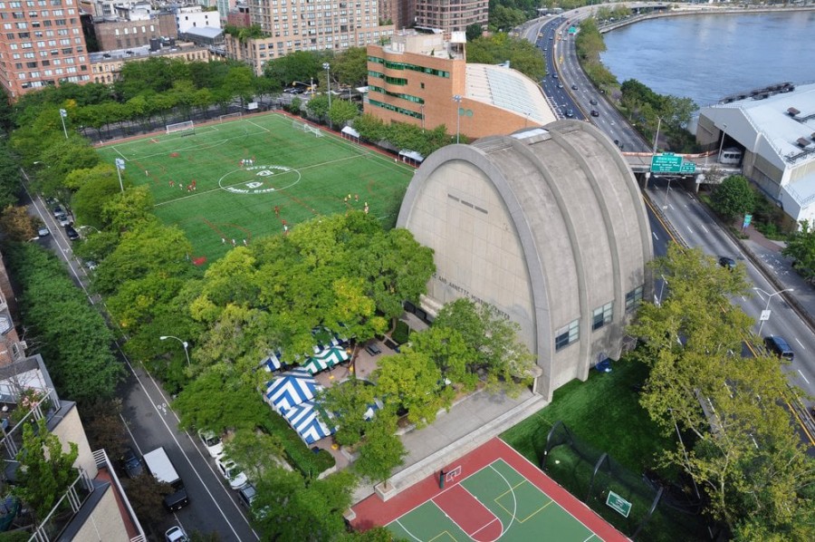 This bird’s-eye view shows how the Asphalt Center on 90th Street, a former asphalt plant landmarked in 1976, looks out on to the nearby East River