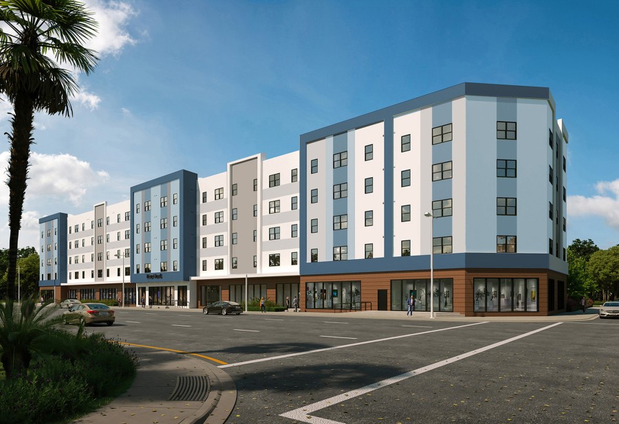 The Riverside6 complex (80 units) comprises four floors of affordable 1-3-bedroom apartments, one level of covered parking, ground floor retail spaces, and a rooftop terrace.