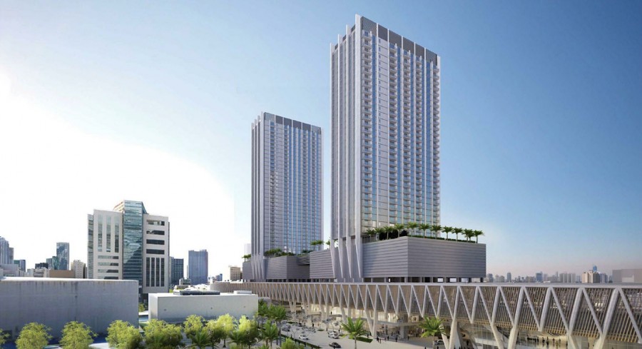 The Parkline Towers at MiamiCentral integrates two residential towers, 30 and 33-floors tall, with 816 apartment units, the Central Fare food hall and a major transit hub