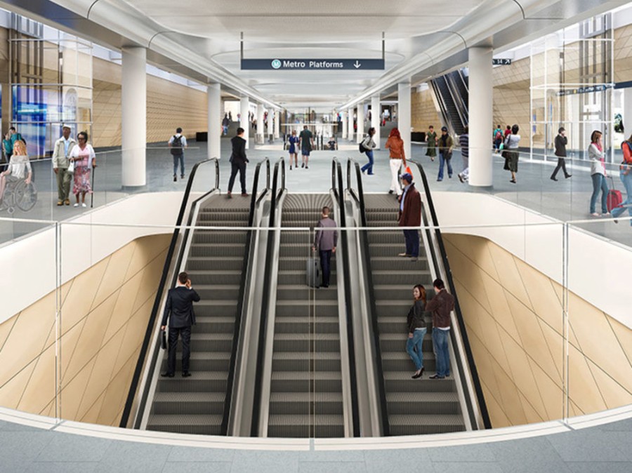 Built 27 m (90 feet) below the Central Station tracks and above the new metro platforms, the Central Walk will help meet a doubling of passenger traffic.