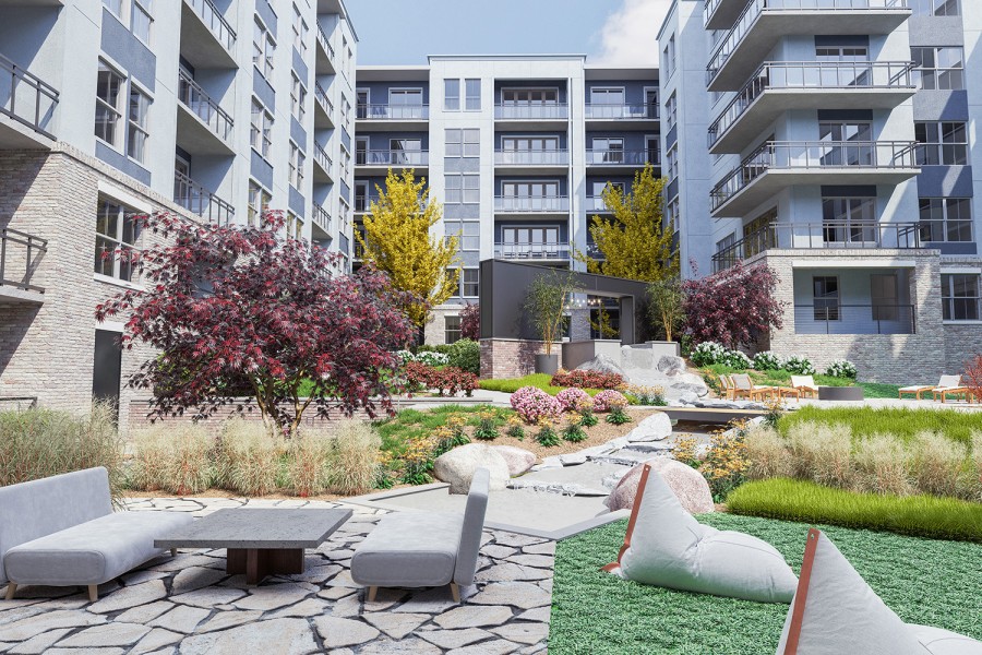 The below-grade concrete structures of the 426-unit Legacy Cool Springs complex are protected from the high groundwater levels of the Nashville site.