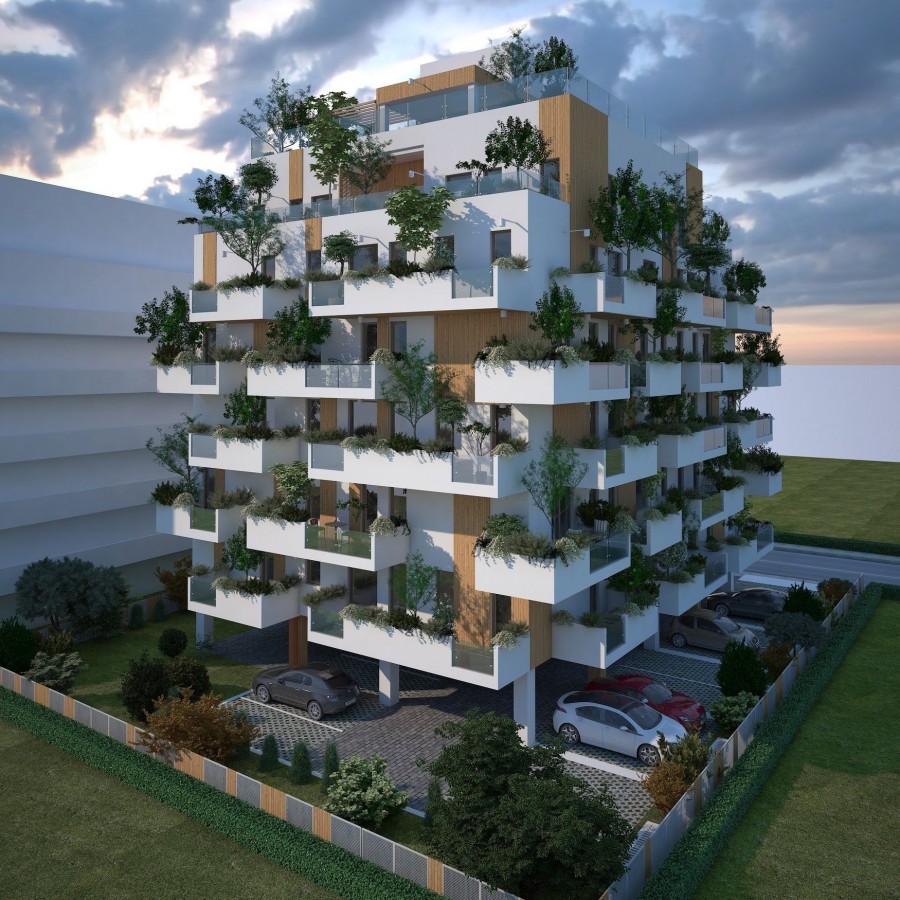 The Waldturm Residences comprise 22 (2-3-bedroom) apartments with decorative wood façades and lush balconies, underground parking, elevator access and a rooftop pool